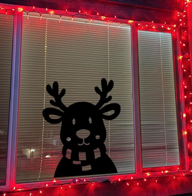 Peeking Reindeer Christmas Window Cling Decal | Black Silhouette | Reusable Glossy Vinyl Decal