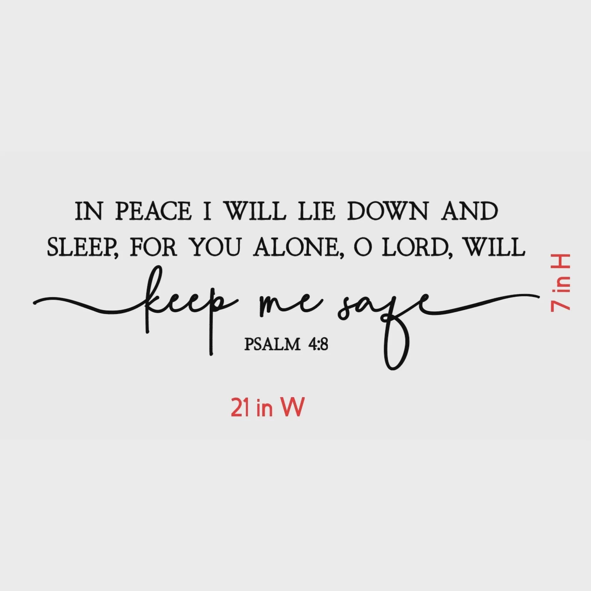 Scripture Wall Decal, Psalm 4:8 Bible Verse Quote, Religious Bedroom Decor, Black Calligraphy Design