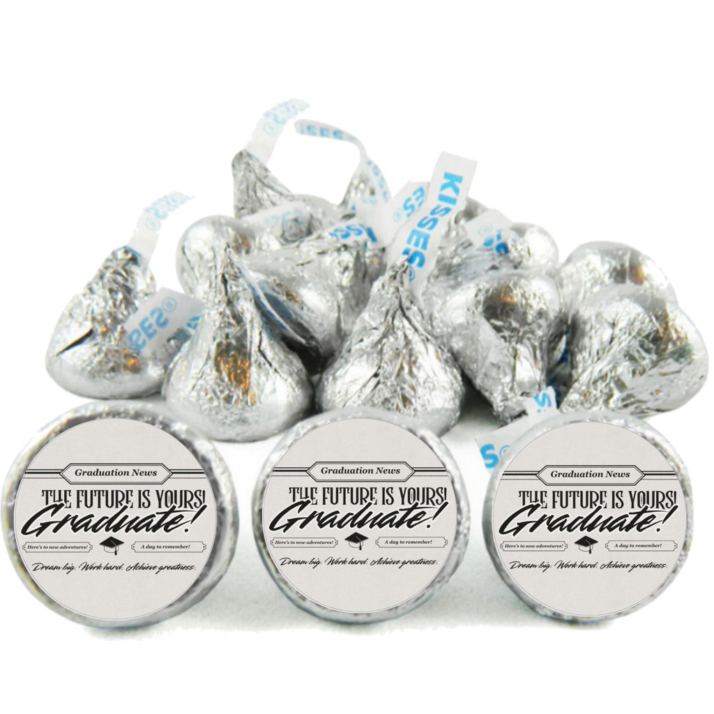 Newspaper Graduation Candy Stickers | The Future Is Yours Graduate Labels | 100 Glossy Candy Kiss Stickers