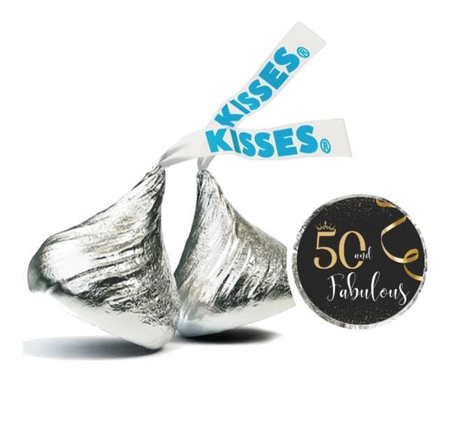 50 and Fabulous Kisses Candy Stickers | 100pcs| Glossy | 50th Birthday Party Favors | 0.75in Each