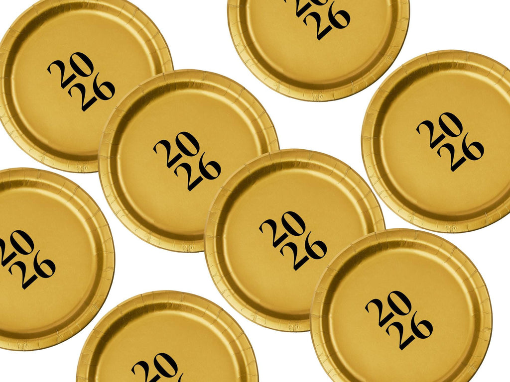 Gold 2026 Celebration Plates | Party Paper Tableware | Dinner and Dessert