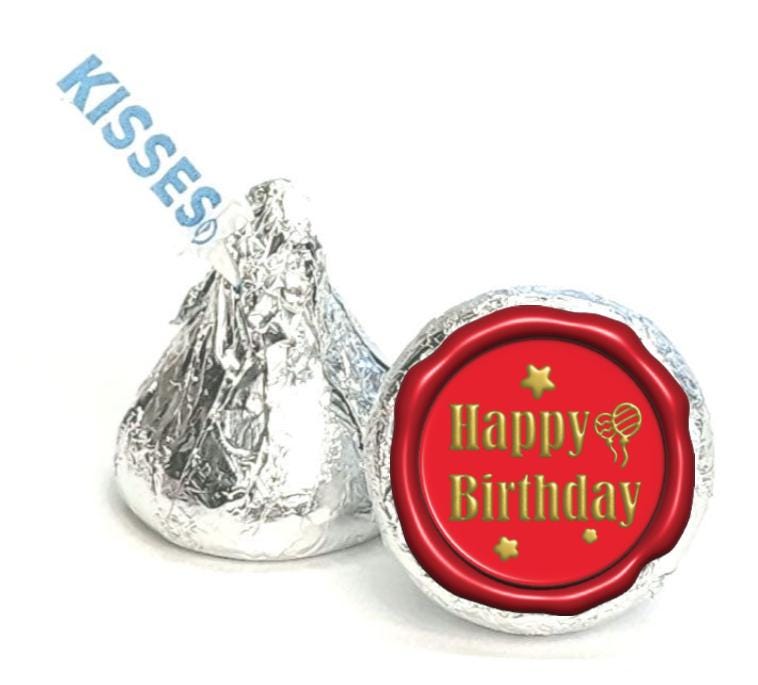 Red and Gold Happy Birthday Mini Candy Labels | Stamp Design | Set of 100