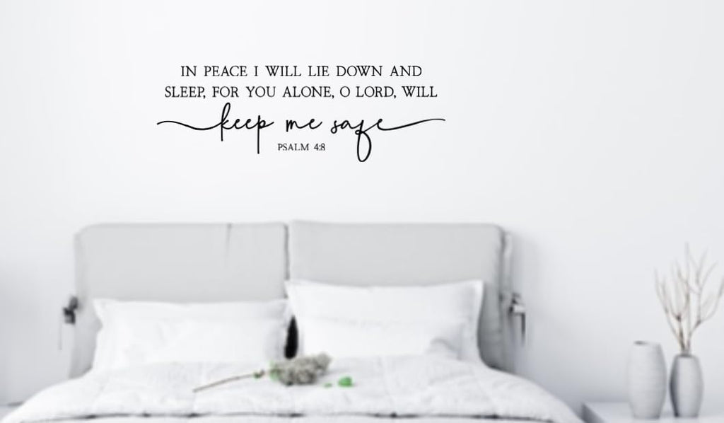 Scripture Wall Decal, Psalm 4:8 Bible Verse Quote, Religious Bedroom Decor, Black Calligraphy Design