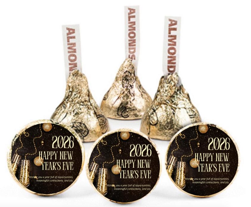 Happy New Years 2026| Chocolate Kiss Candy Stickers| 100ct| New Years Eve Party Favors