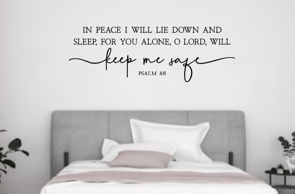 Scripture Wall Decal, Psalm 4:8 Bible Verse Quote, Religious Bedroom Decor, Black Calligraphy Design