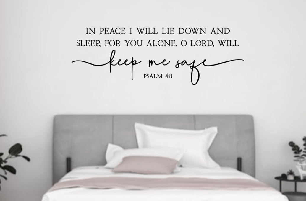 Scripture Wall Decal, Psalm 4:8 Bible Verse Quote, Religious Bedroom Decor, Black Calligraphy Design