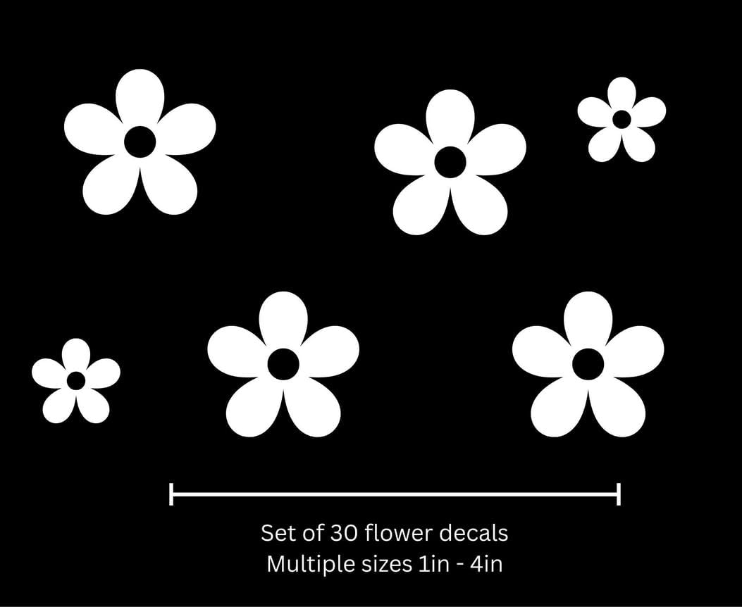 White Iron On Boho Flower Set | 30 Vinyl Flowers | Multiple Sizes 1in–4in | Fabric Heat Transfer