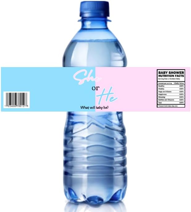 Gender Reveal Water Bottle Labels, She or He Design, Baby Shower Decorations, 8.5 x 2 inches, Set of 12