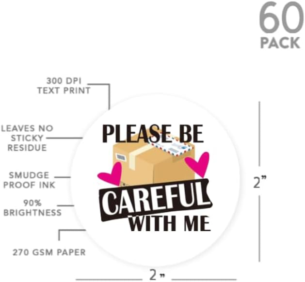 Please Be Careful with Me Shipping Labels, 60 Round Package Stickers, Pink Design, 2in