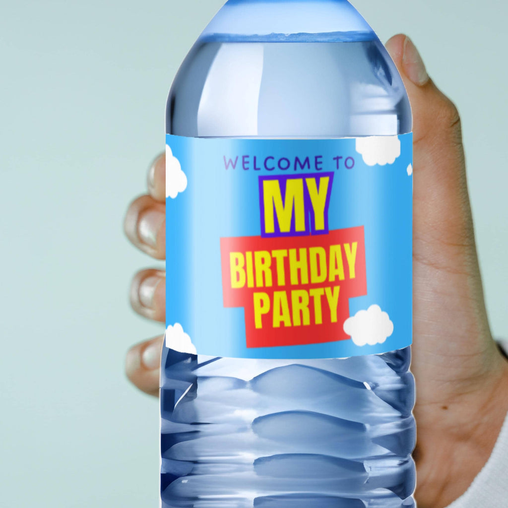 Its My Birthday Party Water Bottle Labels | Blue White Cloud Theme | Set of 12|Glossy| Birthday Favors