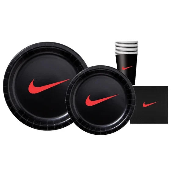 Custom 60 piece Party Pack with Paper Plates, napkins and Cups, Black with Red