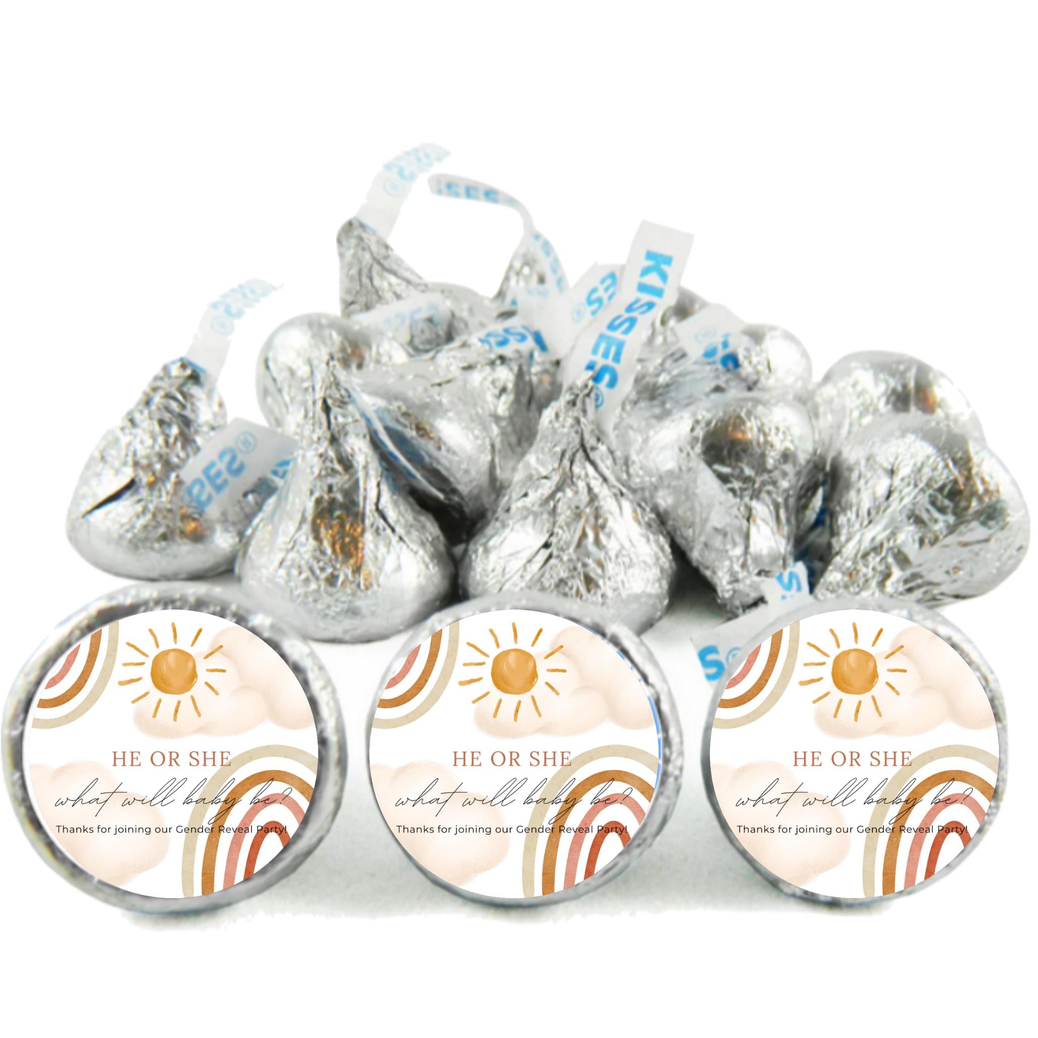 Boho Sun Baby Shower Candy Stickers | He or She What Will Our Little Baby Be Labels | 100 Glossy Chocolate Kiss Stickers