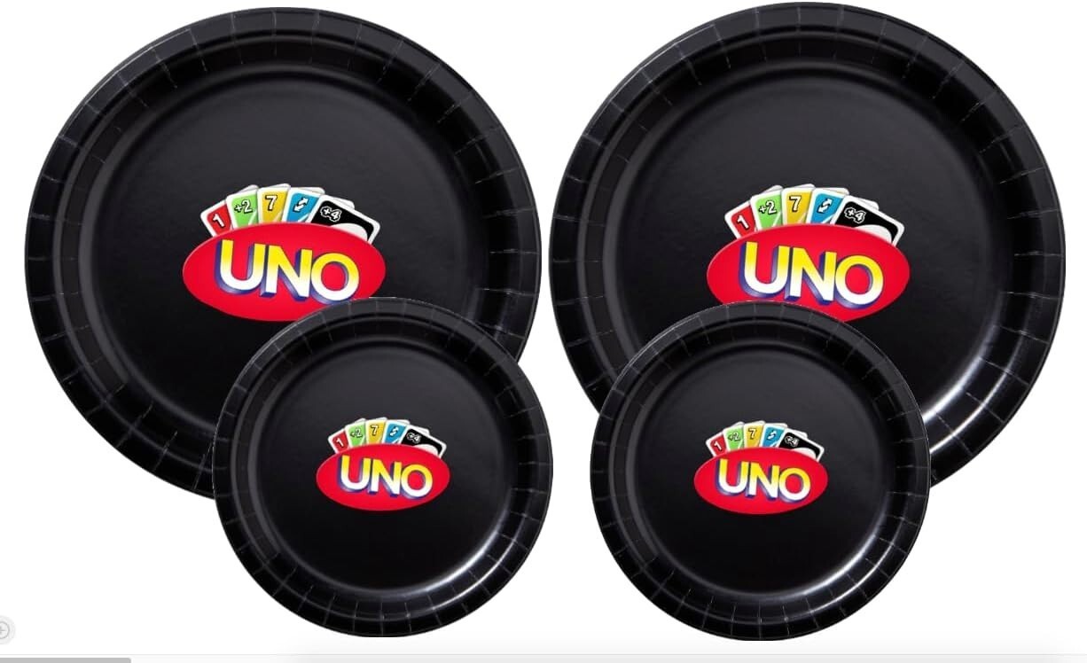 Custom Birthday Card Game Party Paper Plates, Black, Large and Small Sizes, 60 piece Combo Pack