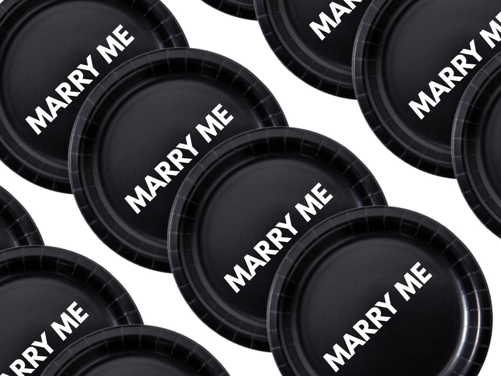 Engagement Party Plates | Black Marry Me Paper Plates Set | Romantic Table Decor