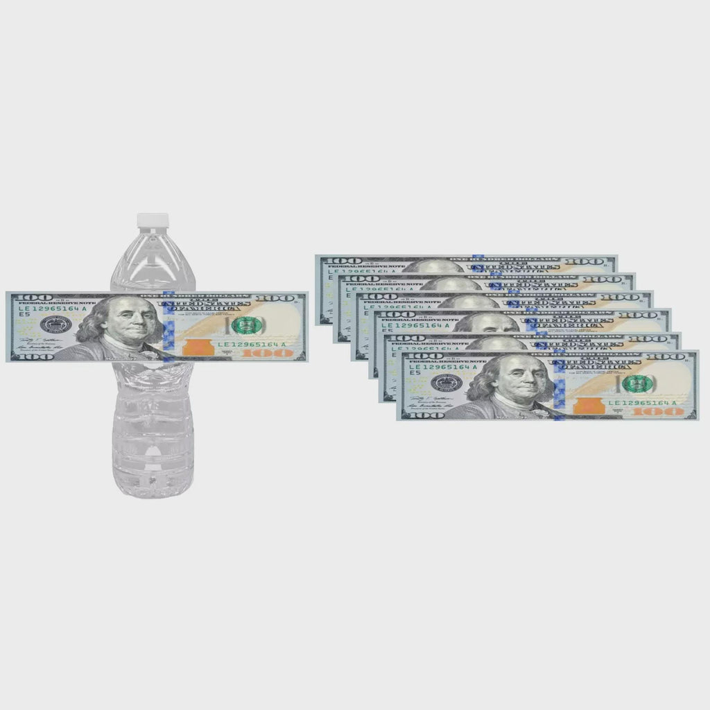Money Themed Water Bottle Labels, Birthday Party Favors, 12 Pre-Cut Stickers