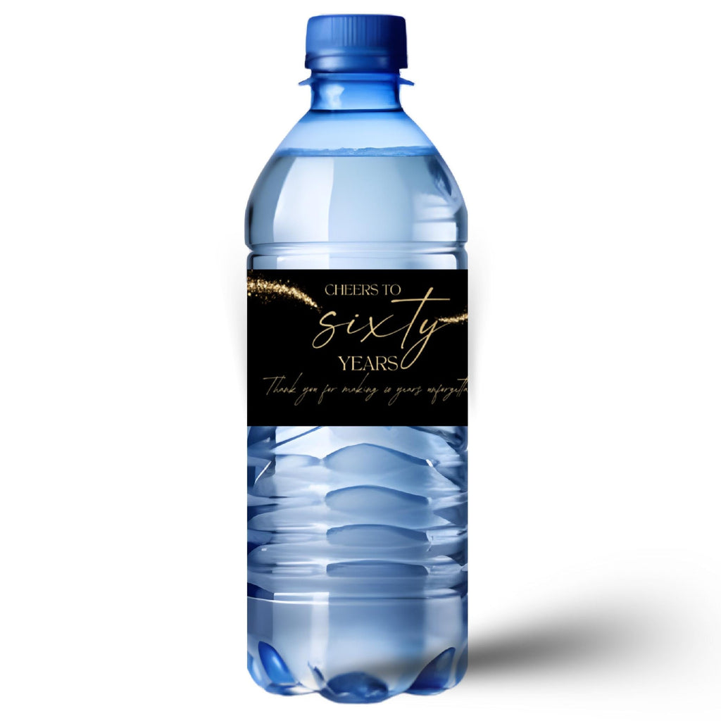 Cheers to 60 Years Water Bottle Labels | 60th Birthday| Celebrate 60 Years in Style | Glossy| Set of 12