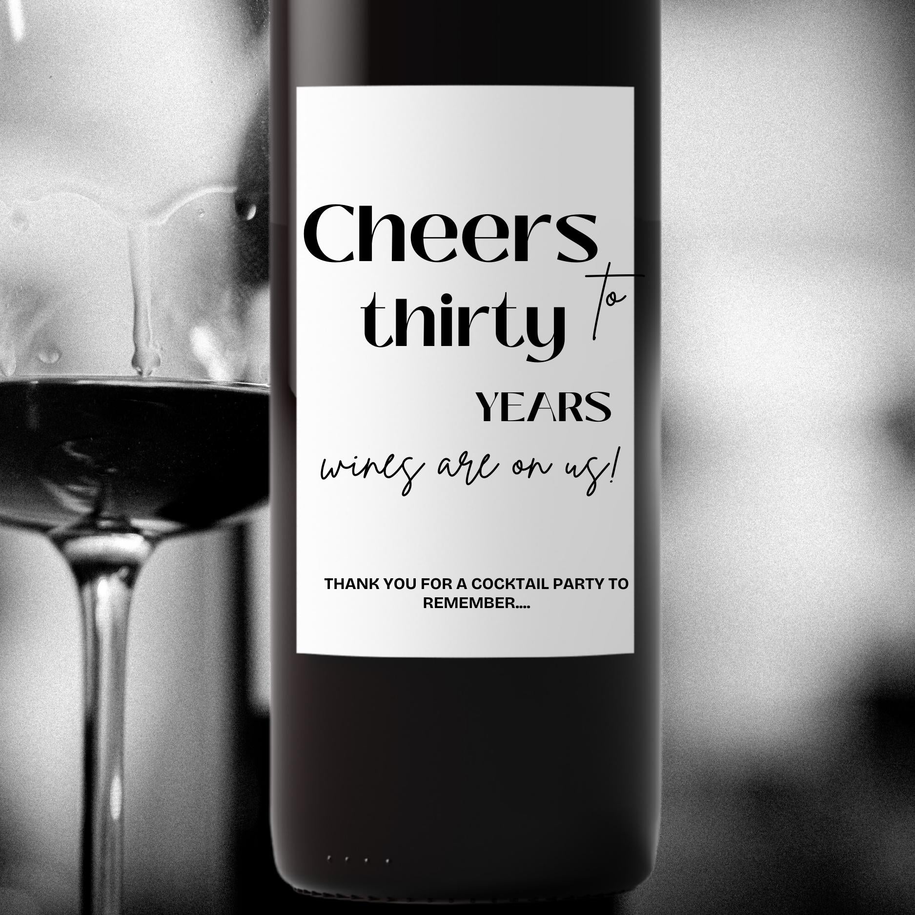 Cheers to 30 Years Wine Bottle Labels | 30th Birthday Party Decor | Glossy Self Adhesive | Set of 4