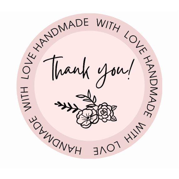 Handmade Thank You Stickers with Floral Design, 2 x 2 inches, Pink, Set of 100