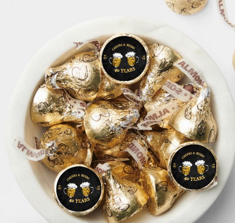 Cheers and Beers to 40 Years| Chocolate Candy kiss Stickers| 100ct| 40th Birthday favors