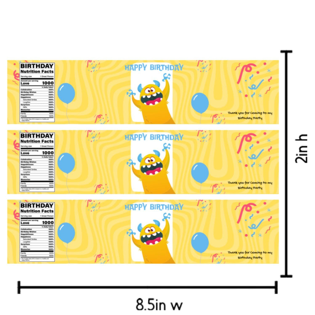 Monster Theme Birthday Water Bottle Labels | Cartoon Monster Party Decor | Happy Birthday Bottle Wraps | Glossy