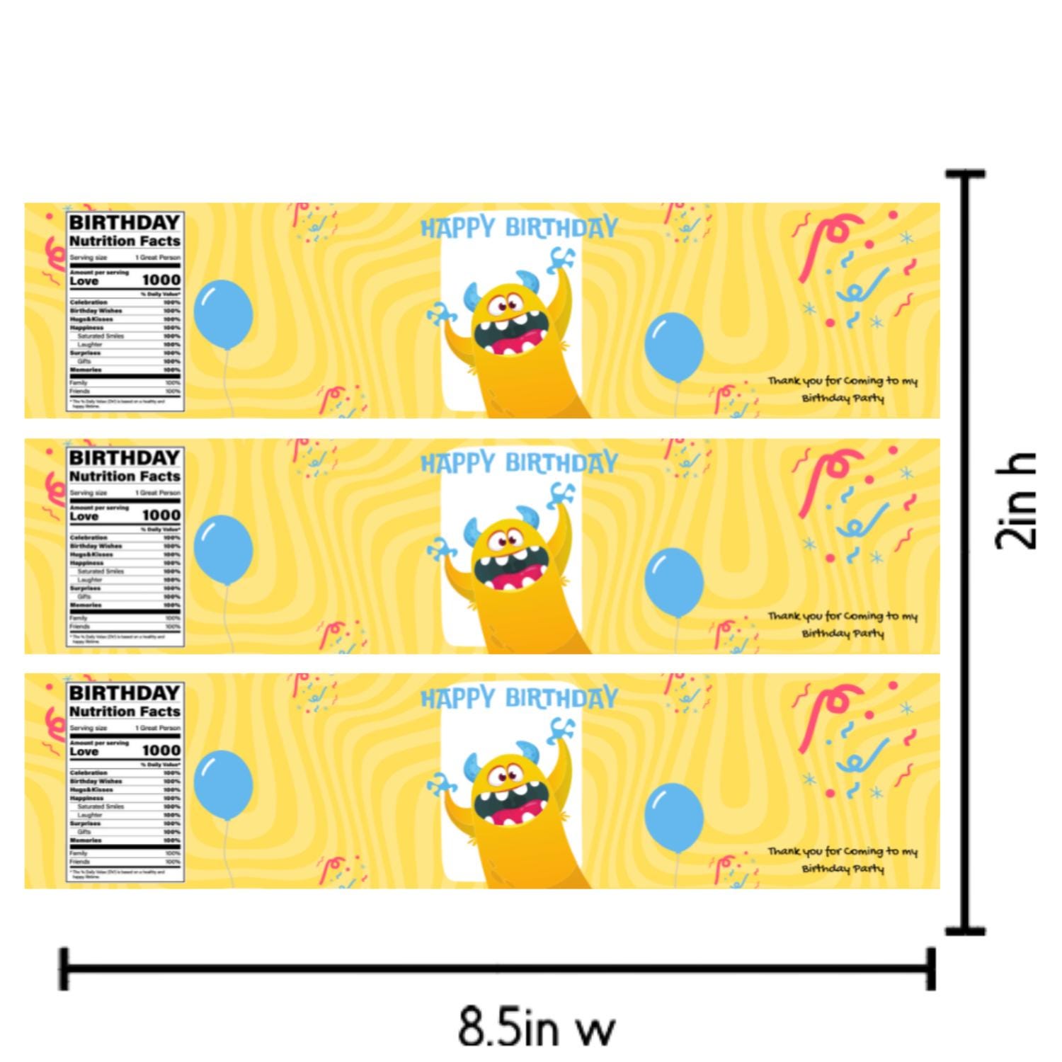 Monster Theme Birthday Water Bottle Labels | Cartoon Monster Party Decor | Happy Birthday Bottle Wraps | Glossy
