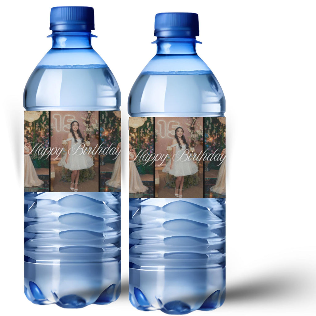 Personalized Birthday Water Bottle Labels | Photo Collage of 5 Pictures | Happy Birthday Cursive Font | Glossy