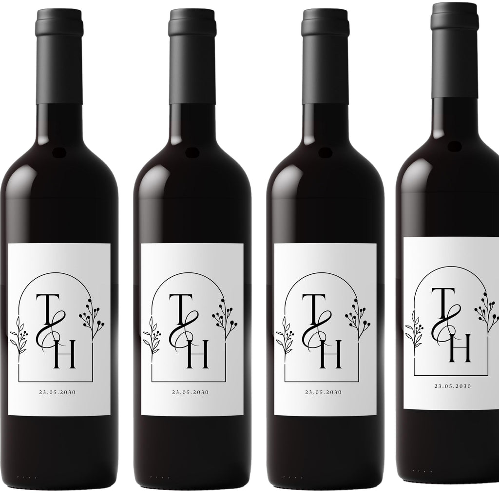Elegant Floral Wedding Wine Labels | Personalized Initials & Date | Set of 4 Wine Bottle Wraps | Self Adhesive