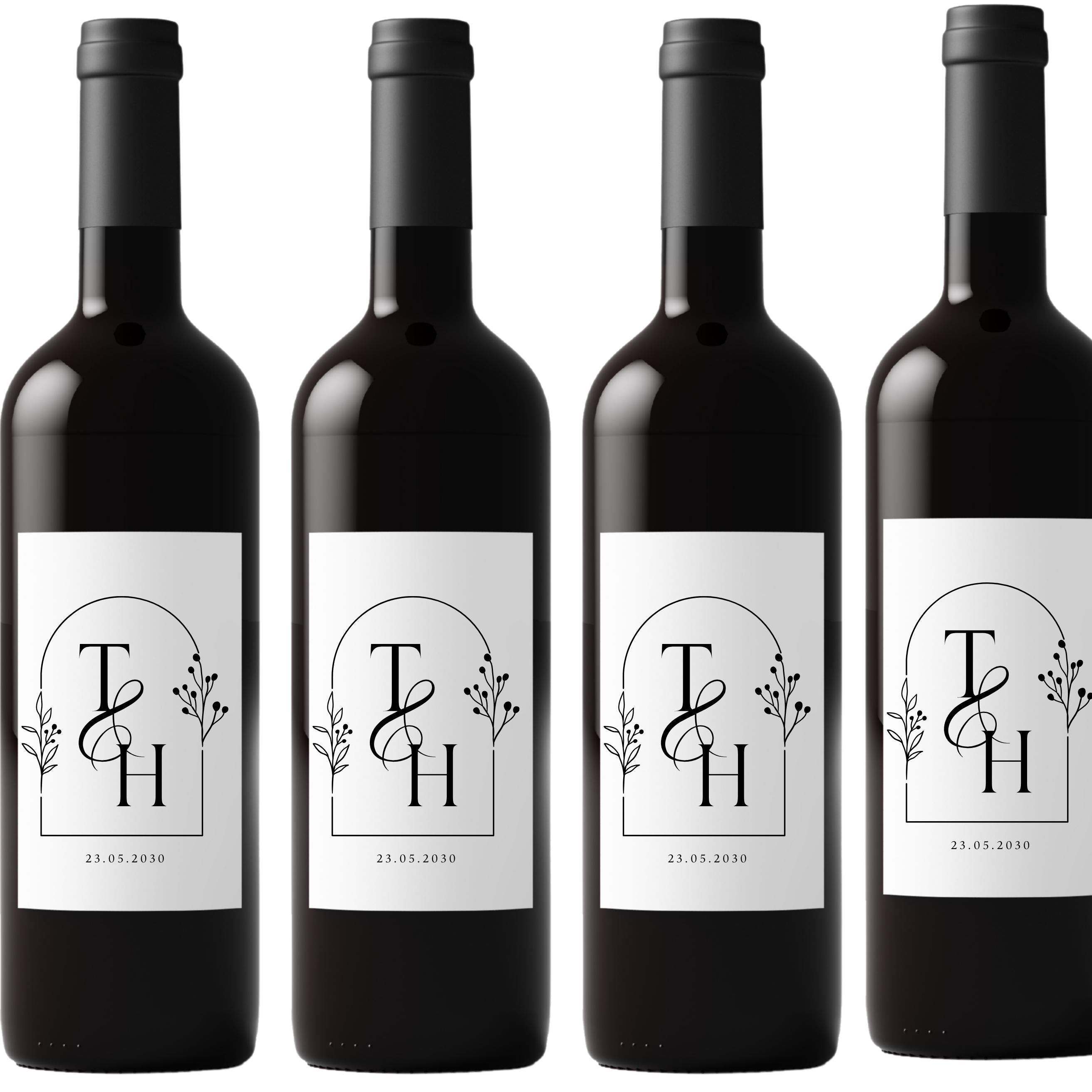 Elegant Floral Wedding Wine Labels | Personalized Initials & Date | Set of 4 Wine Bottle Wraps | Self Adhesive