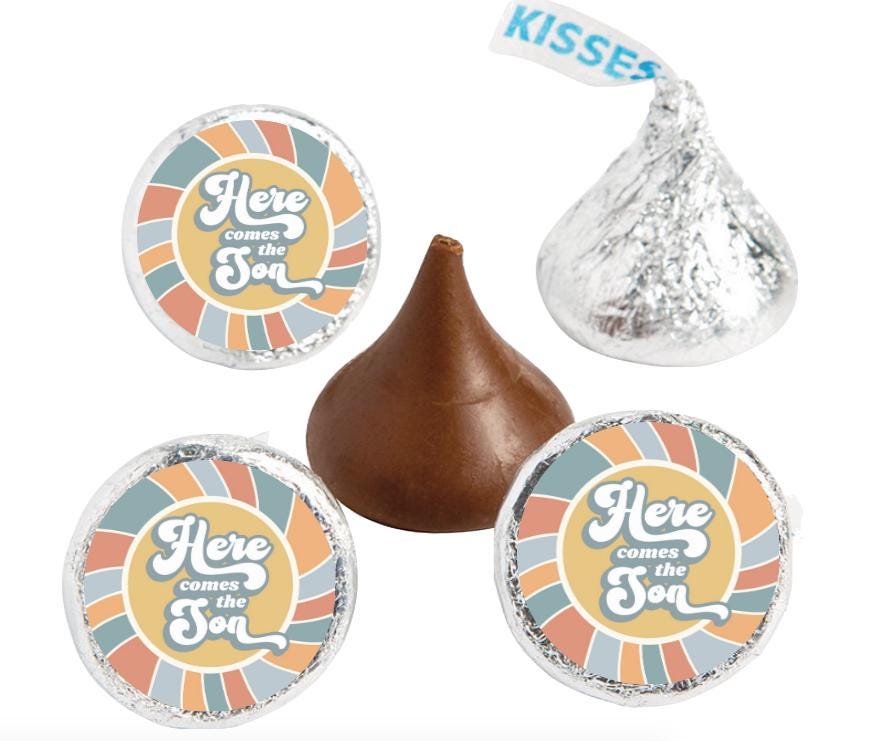 Here Comes the Son Kisses Candy Stickers | 100ct|Glossy| Baby Shower Gender Reveal Party Favors