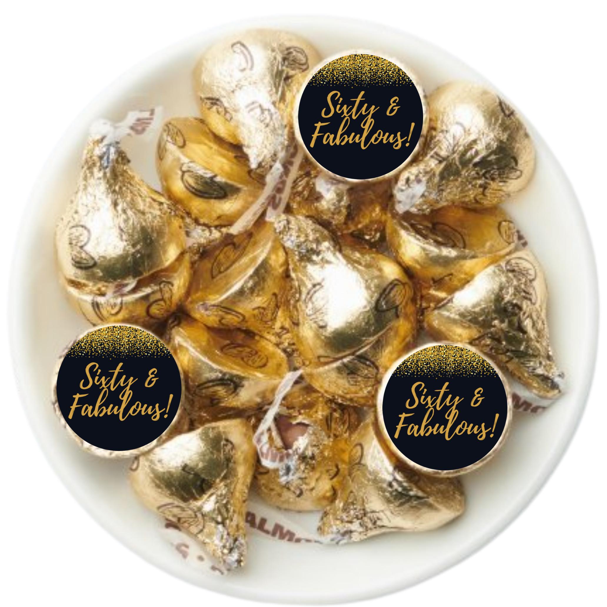 Sixty and Fabulous Birthday Candy Stickers | 100 Glossy Candy Kiss Labels | Peel & Stick Chocolate Decor |