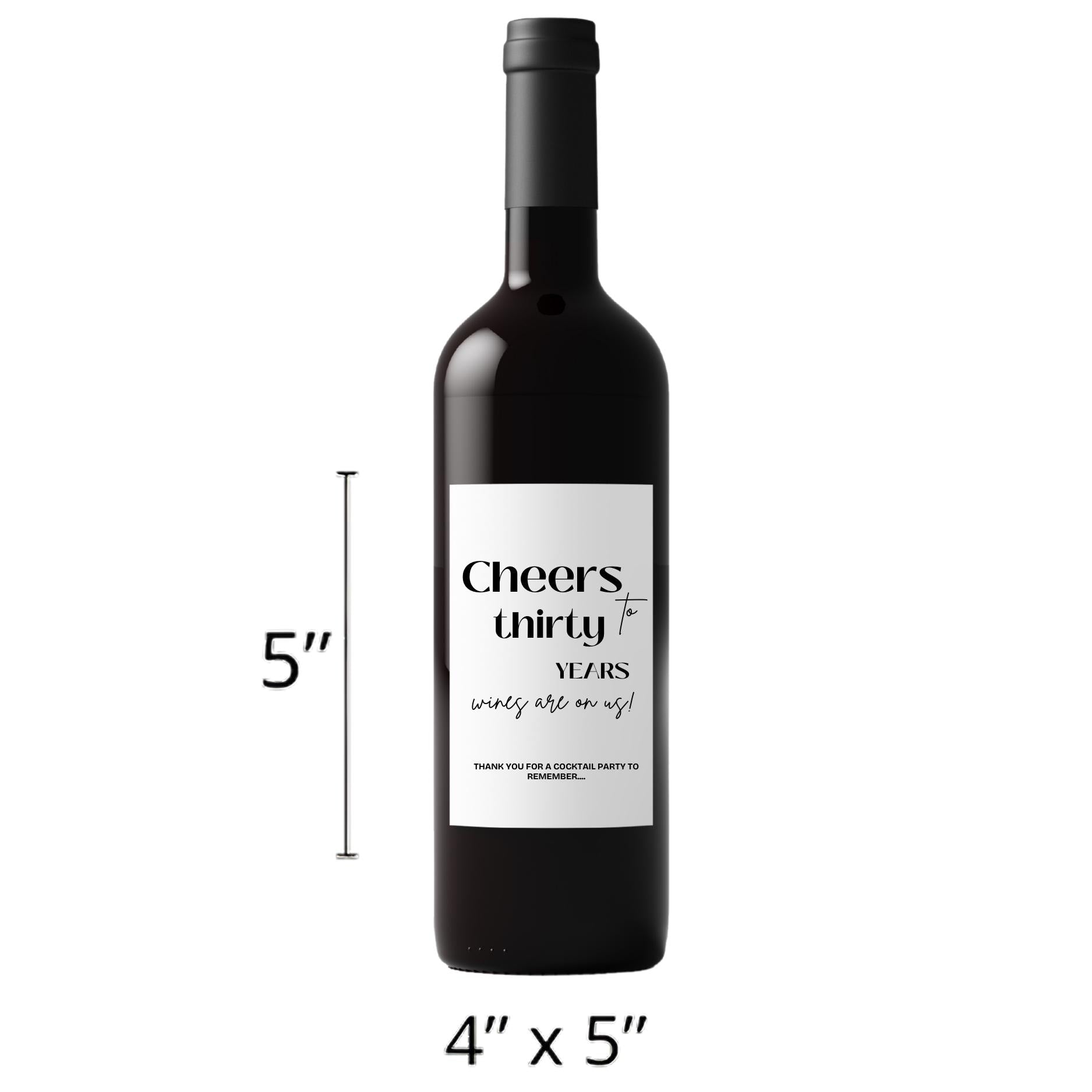 Cheers to 30 Years Wine Bottle Labels | 30th Birthday Party Decor | Glossy Self Adhesive | Set of 4