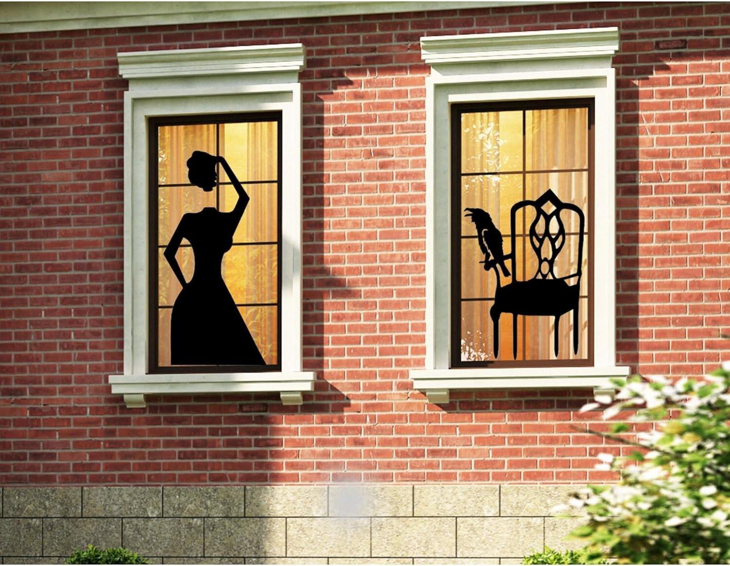 Window Cling Silhouette Decorations, Vintage Style Halloween Figure and Chair