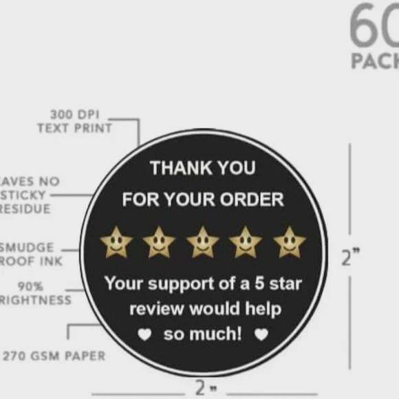 Custom Thank You Stickers, 2 Inch Round, Review Request, Black and Gold, 60 Pack