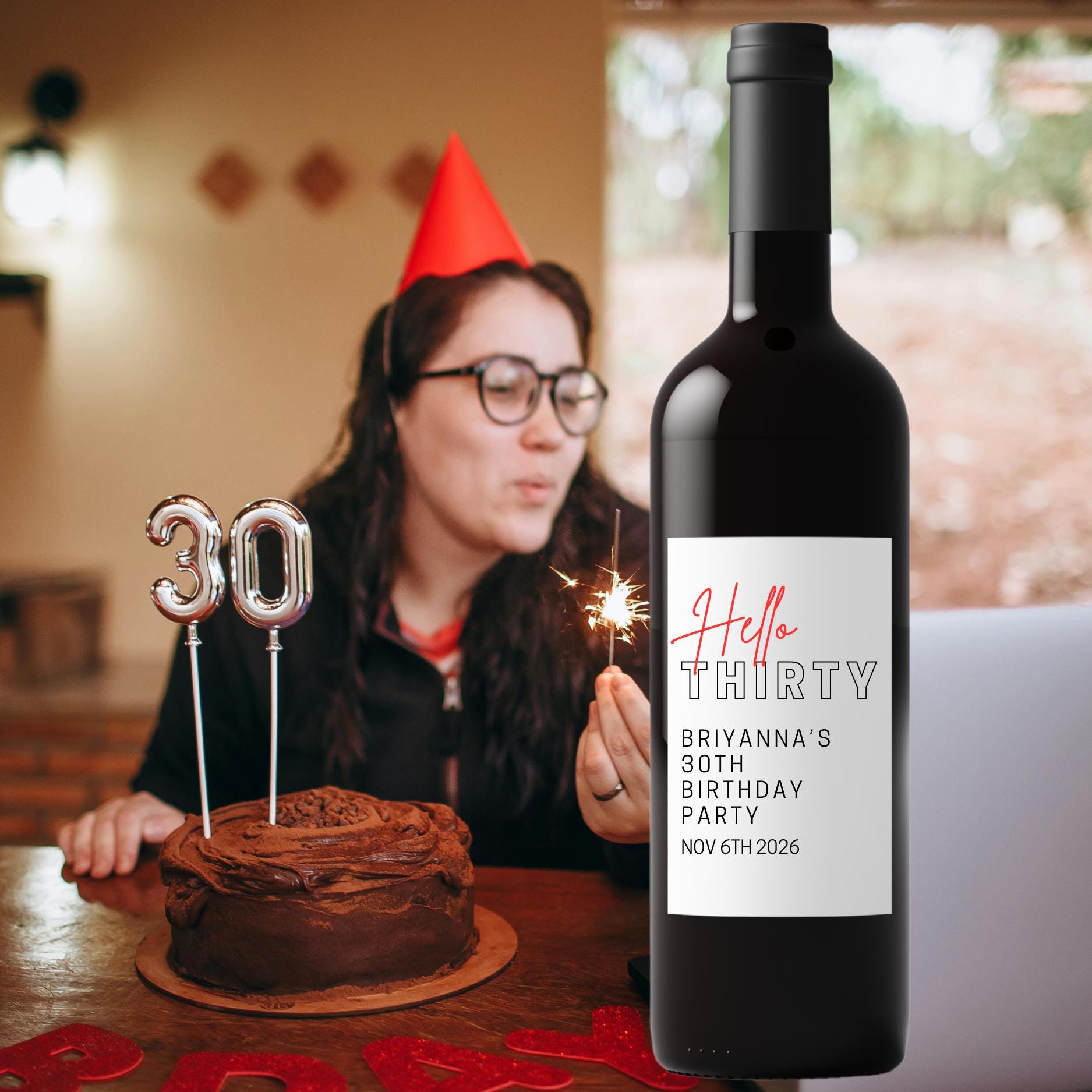Hello Thirty Wine Labels | 30th Birthday Party Decor | Glossy Finish| 4ct|