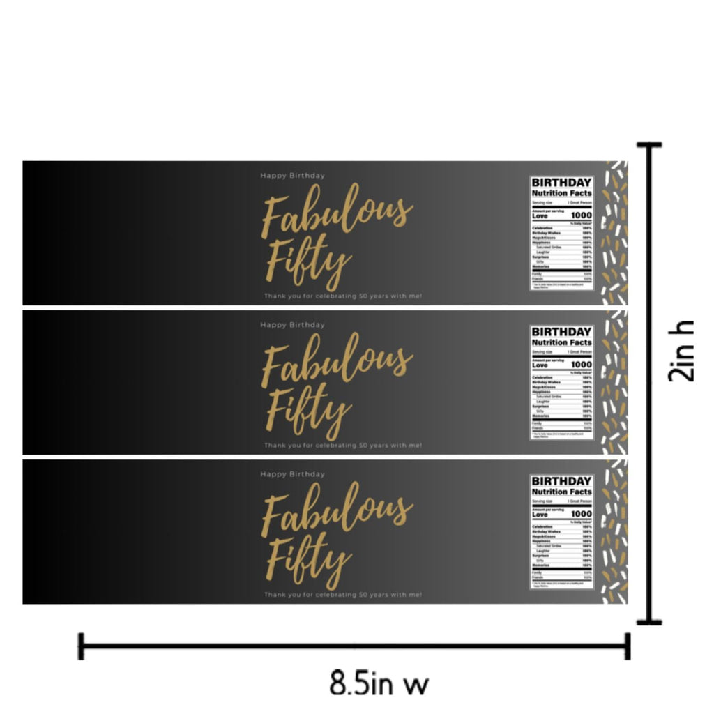 Fabulous Fifty Water Bottle Labels | 50th Birthday Party Decor | Set of 12 Bottle Wraps | 2in H x 8.5in W