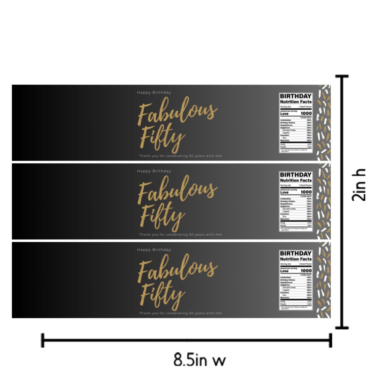 Fabulous Fifty Water Bottle Labels | 50th Birthday Party Decor | Set of 12 Bottle Wraps | 2in H x 8.5in W