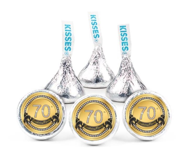 Celebrate 70th Birthday Kisses Candy Stickers | 100ct|Glossy| 70th Birthday| 0.75in