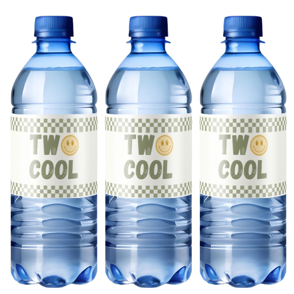 Two Cool 2nd Birthday Water Bottle Labels | Sports Party Table Accents | Smiley Face Theme | Glossy