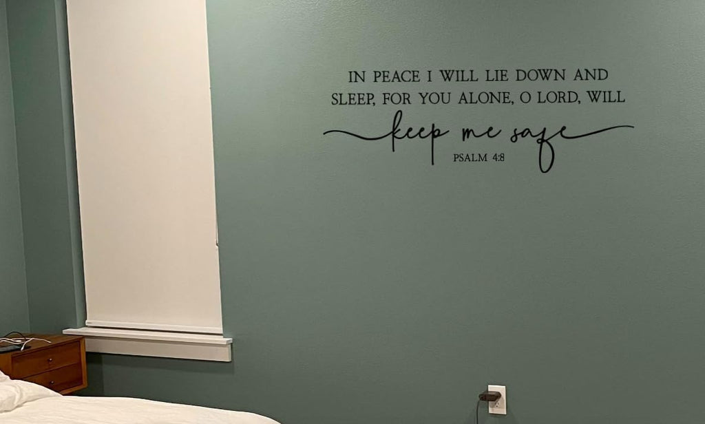 Scripture Wall Decal, Psalm 4:8 Bible Verse Quote, Religious Bedroom Decor, Black Calligraphy Design