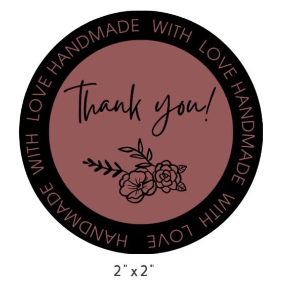 Mauve Pink Floral Thank You Stickers, Handmade with Love, Set of 100