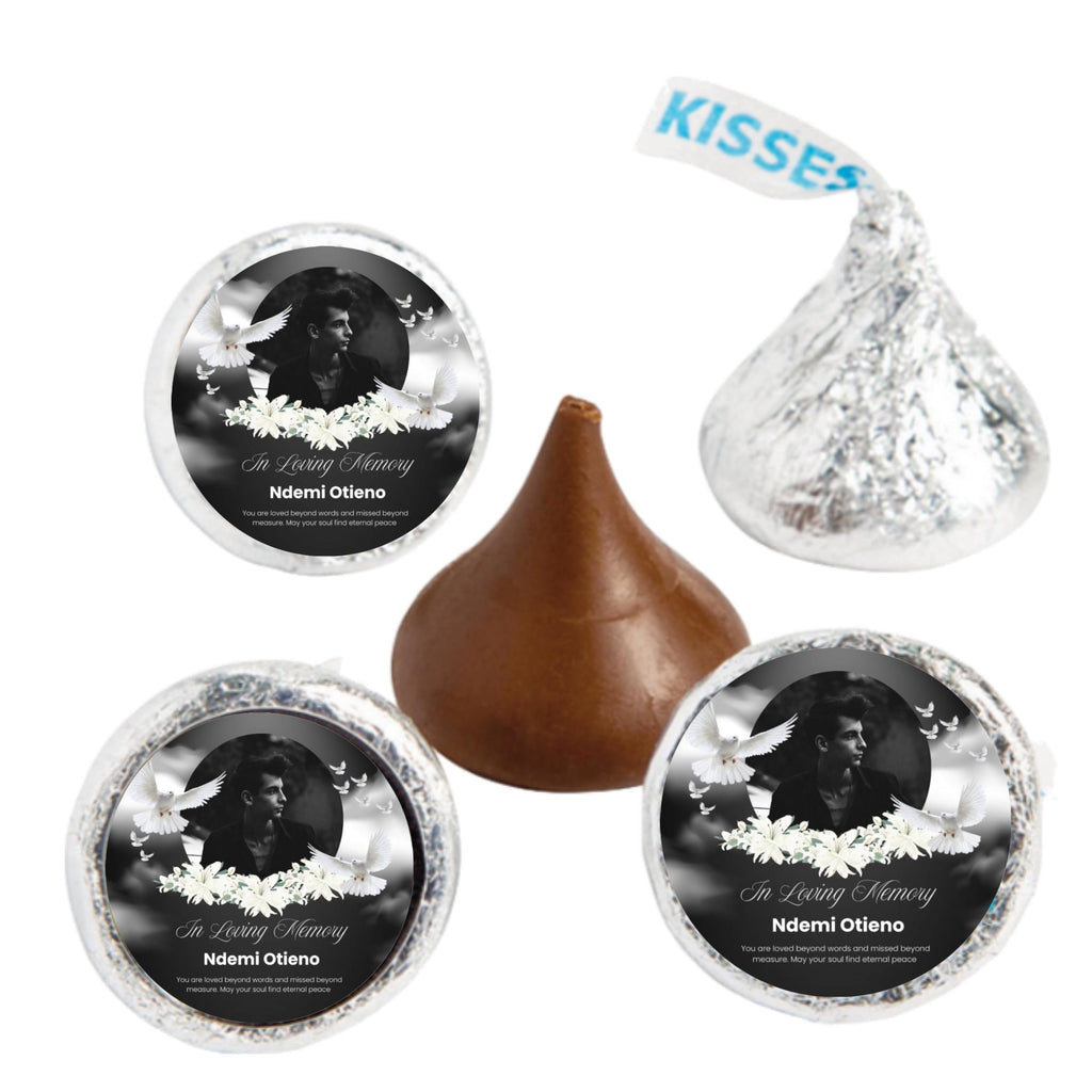 Personalized Memorial Stickers | In Loving Memory Candy Labels | 100 Glossy Candy Kiss Stickers | Custom Name Message