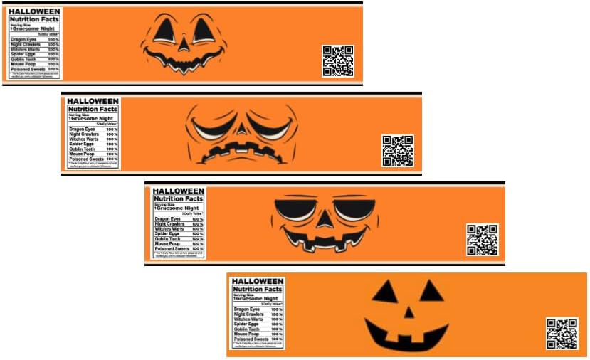 Halloween Water Bottle Labels, Jack O'Lantern Faces Design, Orange Nutrition Facts Theme, Set of 12
