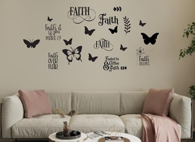 Faith Themed Wall Decal Set, 20 Pieces, Butterfly and Floral Designs, 11.5in W x 18in H, Black
