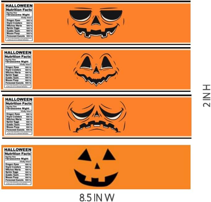 Halloween Water Bottle Labels, Jack O'Lantern Faces Design, Orange Nutrition Facts Theme, Set of 12