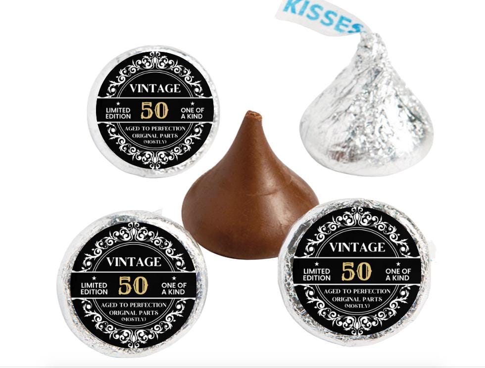 Vintage 50th Birthday Kisses Candy Stickers | 100ct|Glossy|0.75in