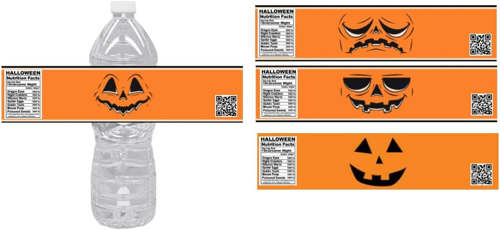 Halloween Water Bottle Labels, Jack O'Lantern Faces Design, Orange Nutrition Facts Theme, Set of 12
