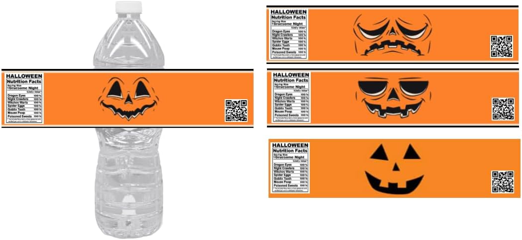 Halloween Water Bottle Labels, Jack O'Lantern Faces Design, Orange Nutrition Facts Theme, Set of 12