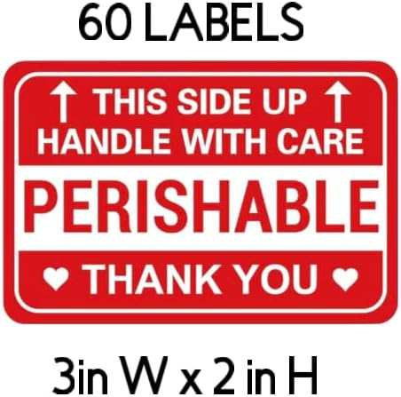 Perishable Shipping Labels, Handle with Care This Side Up, Red and White, Set of 40