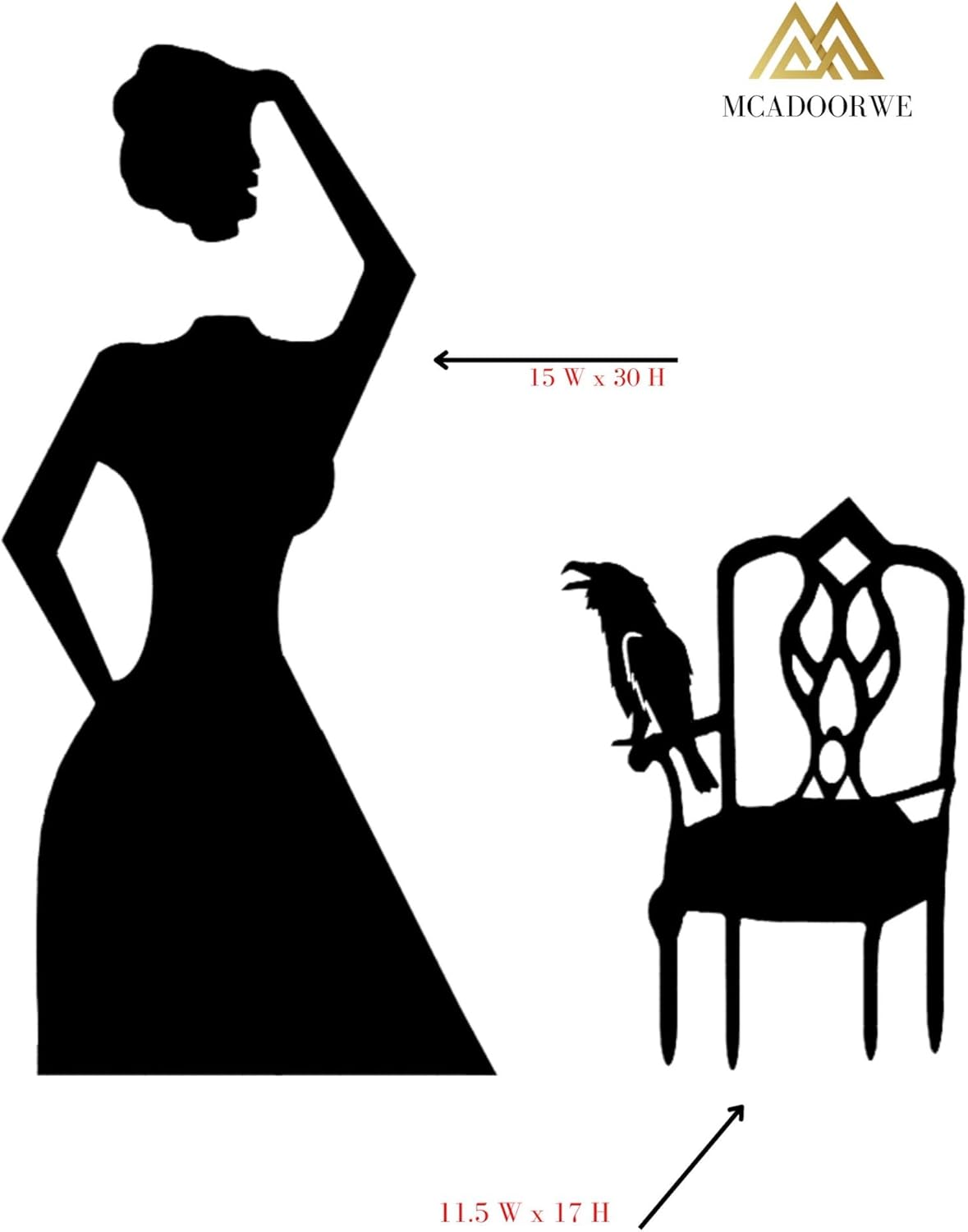 Window Cling Silhouette Decorations, Vintage Style Halloween Figure and Chair with Bird, 15x30 and 11.5x17 inches, Set of 2 Window Sticker Decals
