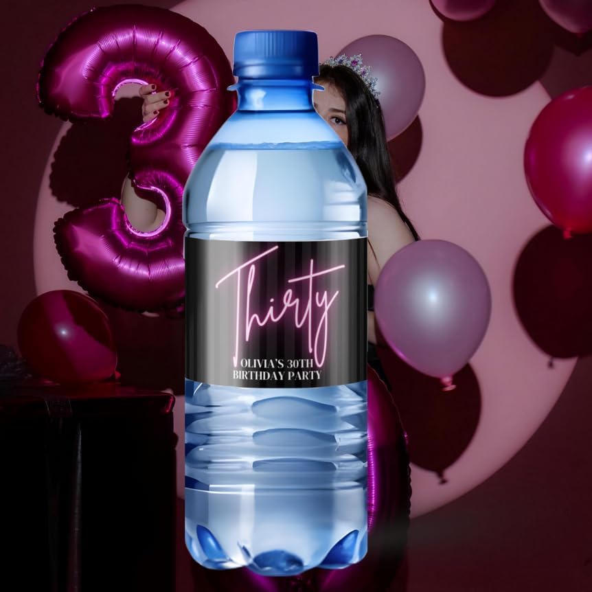 Personalized 30th Birthday Water Bottle Labels |Milestone Party Favors| Party Table Accents| Glossy|12ct